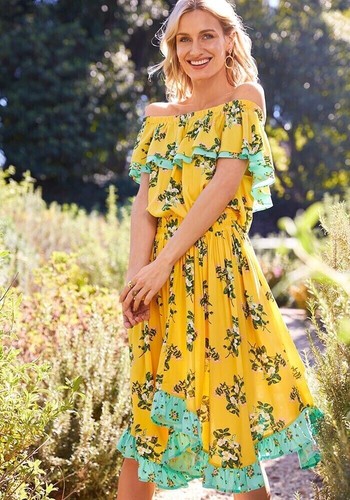 ABITO GIALLO Matilda Jane XL agganciato alla sensazione floreale midi spalle scoperte - Foto 2 di 3