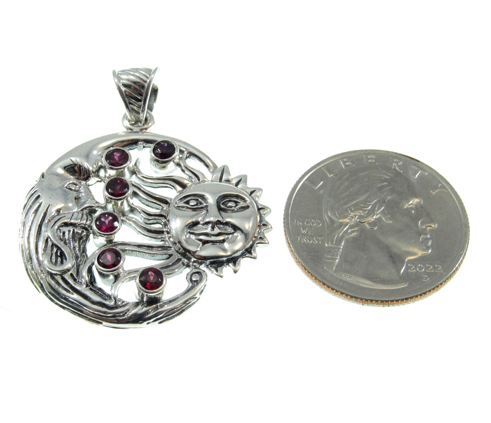Solid 925 Sterling Silver Sun Moon Stars Faces Pendant Garnet Celestial ...