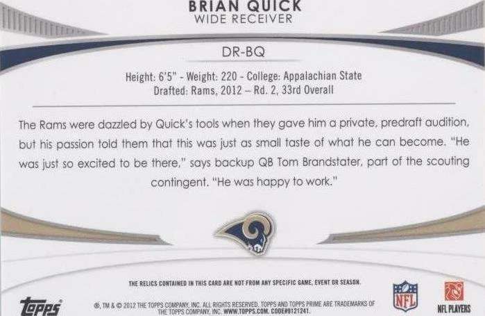 2012 Topps Prime Brian Quick #DR-BQ
