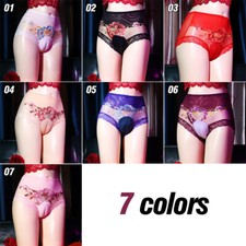 Men Crossdresser Solid Toe Panties Hiding Gaff Thong Embroidered Flower Briefs