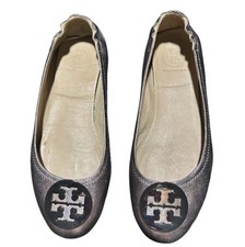 Tory Burch Gunmetal Minnie Travel Ballet Flats with Logo - Size 8