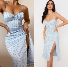 House Of CB Dress Size L Carina Blue Floral Bustier Midi Side Slit Sundress Sexy