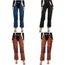 Womens Cowgirl Motorcycle Pants Vintage Trousers Fringe Bottoms Open Hippie