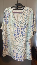 Boutique Abstract Leopard Print Blouse XL Blue Green White V Neck Flowy Short Sl