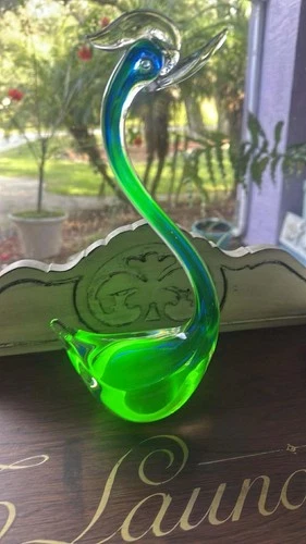 Murano Uranium Glass Swan Blue Yellow Sommerso 11 1/2" T