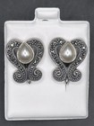 Elegant Judith Jack Sterling Lg Silver Faux Pearl & Marcasite Leverback Earrings