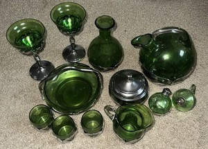 Vintage Farber Brothers Krome Kraft Cambridge Green Glass Ware. Set. Lot Of 12