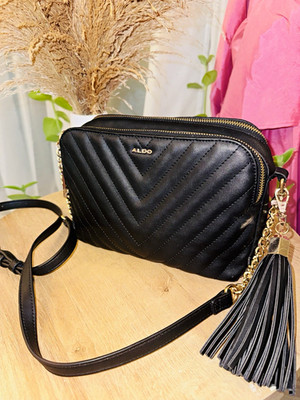 ALDO Black Small Quilted Crossbody Bag Zip Gold Hardware Chain Tassel Strap