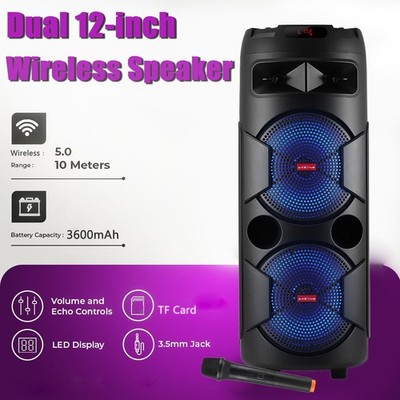 9000W Dual 12'' Portable Bluetooth Speaker Heavy Bass Sound System w/Wireless Mic