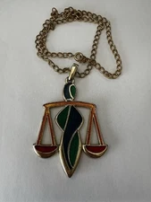 Libra Capri Large Pendant Enamel Scales Astrology Goldtone chain Necklace- READ
