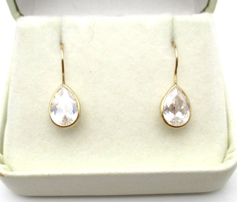 14K Yellow Gold Teardrop Clear Stone Earrings 1.7 Gr [E372]