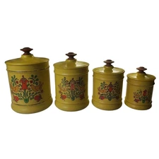 VTG Kromex Yellow Metal Canister Set of 4 PA Dutch Tulip Bird Nesting 70’s