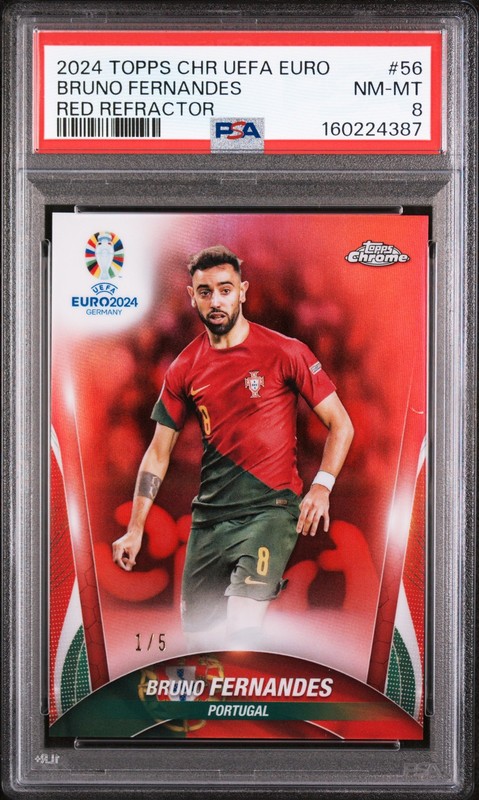 160224387 Bruno Fernandes 2024 Topps Chrome UEFA Euro #56 Red Refractor /5 PSA 8