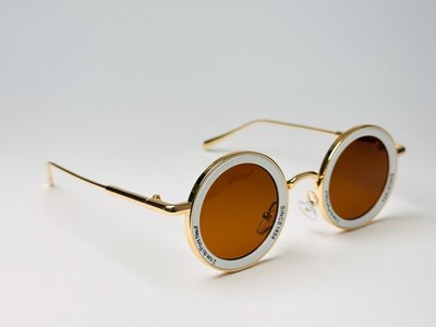 Brown Round Steampunk Sunglasses White Temple Gold Frame Retro UV400 Glasses