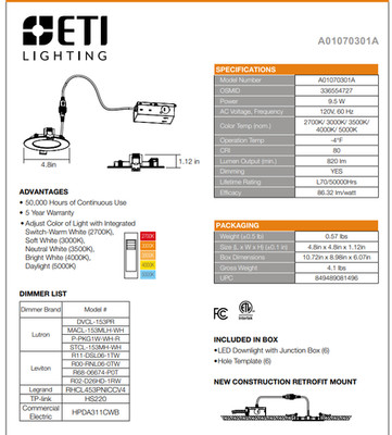 ETI 4in Lowpro Recessed Downlight with Color Preference - 6Pk