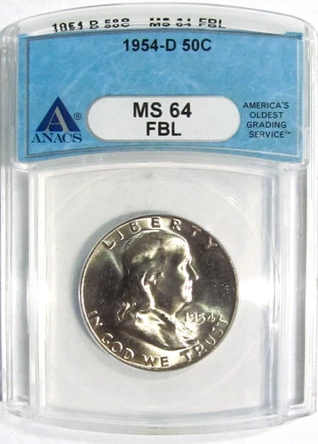 1954-D FRANKLIN Silver Half Dollar ANACS MS 64 FBL