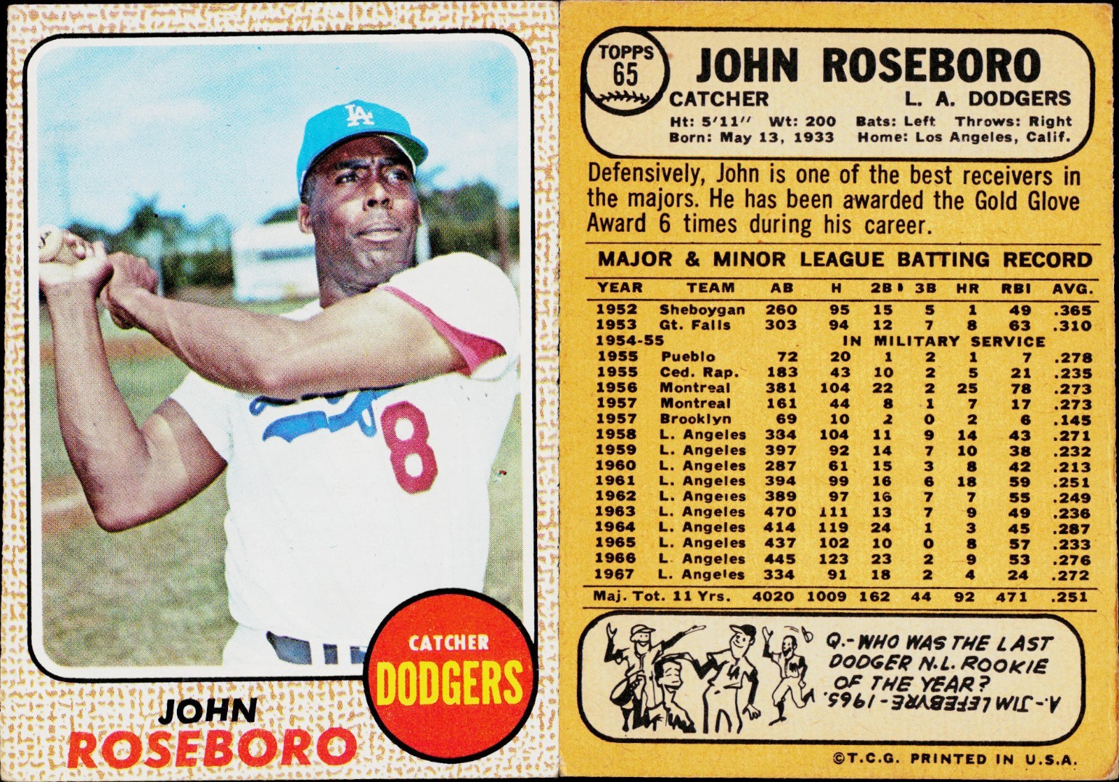 1968 Topps Baseball Card #65 John Roseboro
