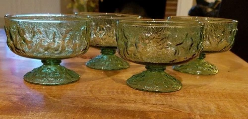 4 Vtg Anchor Hocking Lido Milano Avocado Green Crinkled Dessert Sherbet Dishes