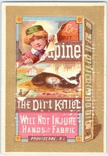 Victorian Trade Card SOAPINE BOX IMAGE W/ BOY LOOKING OUT & WHALE BEING SCRUBBED