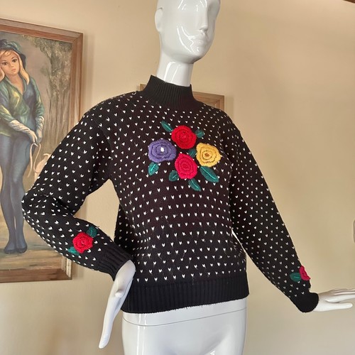 Hipster Girly Vintage 1980s Dots 3-D Flower Roses Mockneck Sweater S - Picture 3 of 8