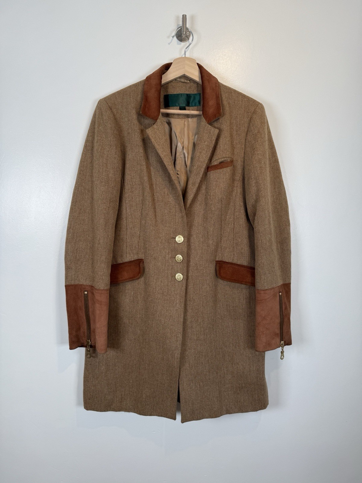 Holland Cooper Coat Size UK 16 Brown Tweed Wool Suede Long Blazer Jacket Country