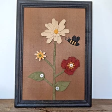 Vintage Wood Frame Felt Buttons Floral Flowers Honey Bee Homemade Art 14" x 10"