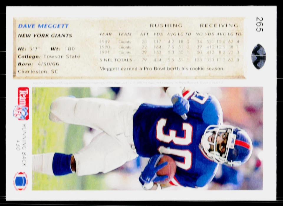 Dave Meggett, 1992 Upper Deck Football Card, #265, New York Giants, - Image 2 of 2