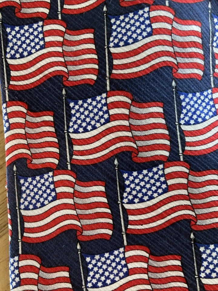 American Traditions Men's Neck Tie USA FLAGS Silk EUC Red White Blue 57" x 3.75" - Image 2 of 4
