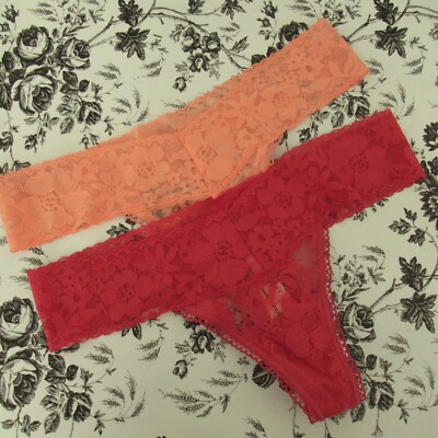 New Victorias Secret Panties S Small Peach Pink Lace Thong String 2 Pairs