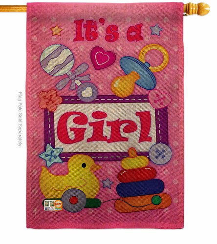 Baby Girl Burlap Garden Flag Celebration New Born Small Gift Yard House Banner - Picture 3 of 19