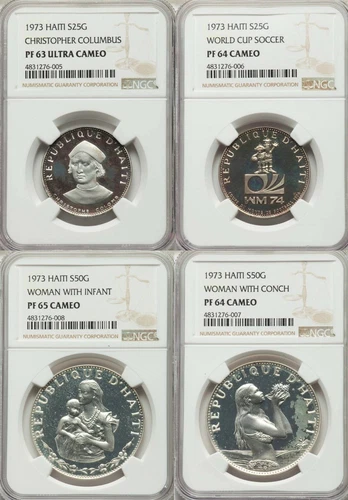 HAITI , FULL SET 4X  25 - 50 GOURDES SILVER SET 1973 - NGC PF 63-65 UC , RAREH