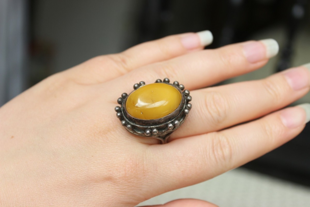 Bague Art Nouveau Argent 835 Avec Ambre Butterscotch, Taille 56.5 - Bijou Vintage Allemand Occasion