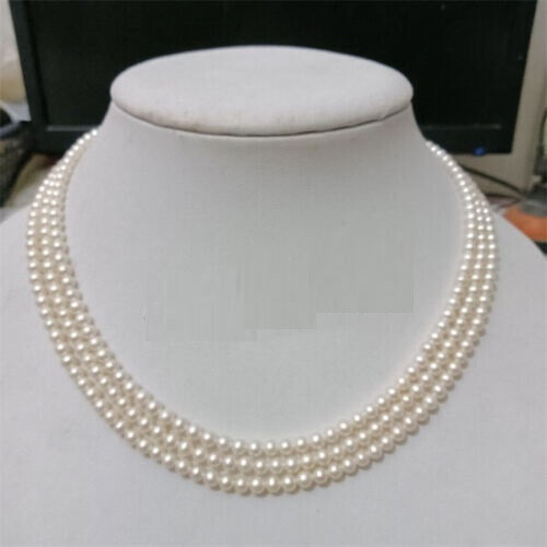 Triple Strand AAA 4-5mm Natural Akoya White Pearl Necklace 17-19