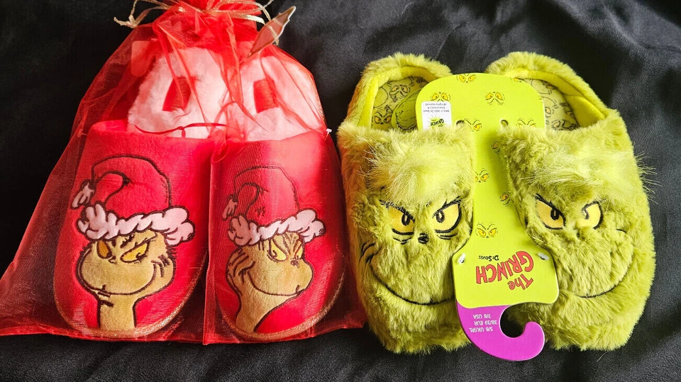 GRINCH SLIPPERS RED GREEN - PRIMARK LADIES / GIRLS MULE SLIP ON - PLASTIC SOLE