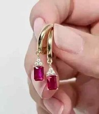 Lab Created Pink Ruby 2Ct Emerald Cut Dangle Earrings 14K Yellow Gold Plated