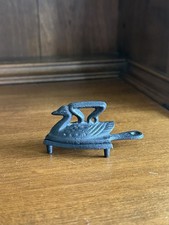 Vintage Miniature Cast Iron Swan Sad Iron With Trivet Stand Salesman Sample