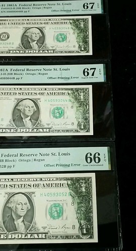 3 Consecutive 1981A $1 FRN Offset Printing Error PMG 67,66 EPQ - Picture 4 of 4