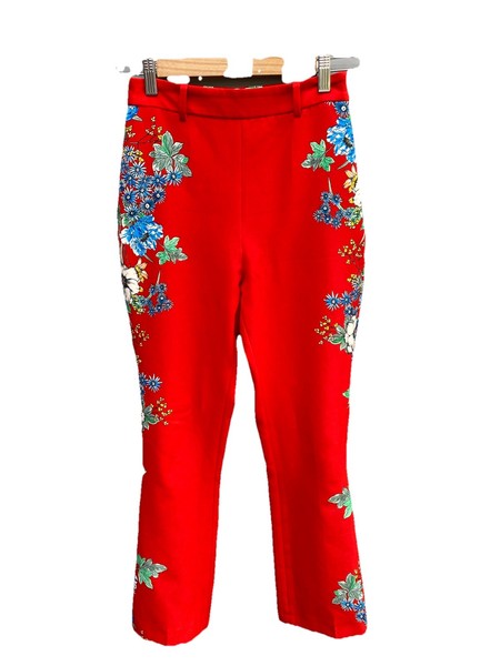 ZARA vibrant red floral cropped pants size XS subtle flare high rise flat front 