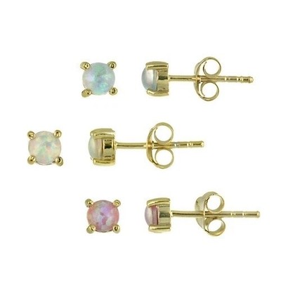Gold over 925 Silver Round Lab Created Opal Stud Earrings Set
