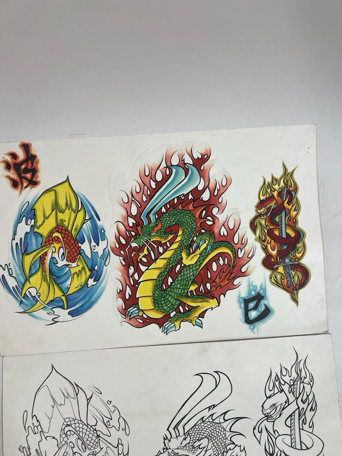 Original Tattoo Flash Art Dragon Koi Snake Sword Ink Drawing Sheet image 2