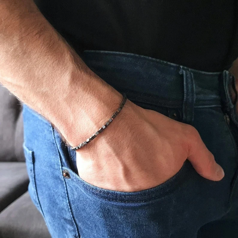 Pulsera de piedras preciosas de hematita natural hecha a mano protección curación mujer hombre Foto 4 de 4