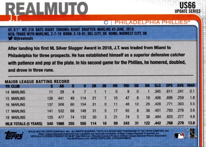 3 CARD LOT - 2019 Topps Update Series - J.T. Realmuto #US66 - Image 2 of 2
