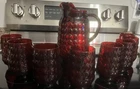 9pc Vintage Anchor Hocking Ruby Red Cranberry Bubble Glass Hobnail Pitcher Set