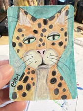 eston Original Leopard Cat Drawing ACEO Signed 2020 Contemporary Art Kitty