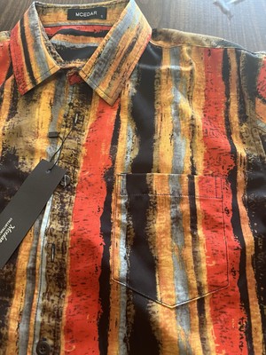 Mcedar Shirt Mens Small Multi Stripe Polyester Short Sleeve Collared Button Down