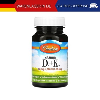 Carlson, Vitamin D3 + K2, 50 mcg (2.000 IU) und 90 mcg, 120 vegetarische Kapseln