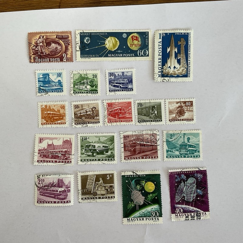 19 Hungary stamps~1950-1964~space~moon~truck~bus~motorcycle~trolley~railroad