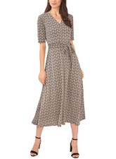 MSK Womens Printed V-Neck Fit Flare Midi Dress Large Tan/Black - NWT 79