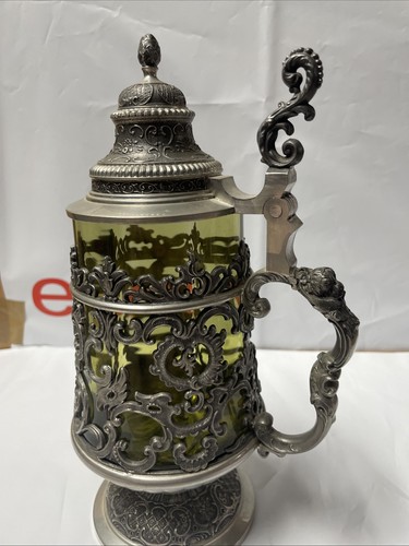 Vintage ASN, West Germany, grünes Glas im Gitterzinn Bierstein mit Deckel - D2 - Bild 10 von 24