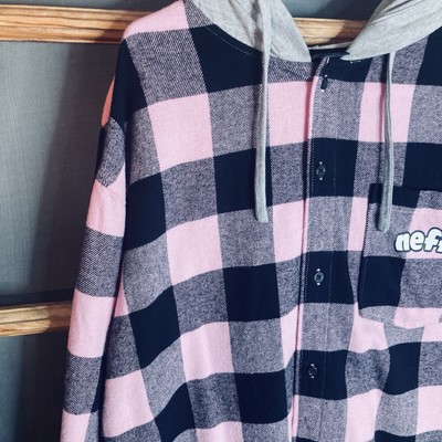NEW Neff Men's Black & Pink Plaid Hoodie  Size L 27x32 Button Up